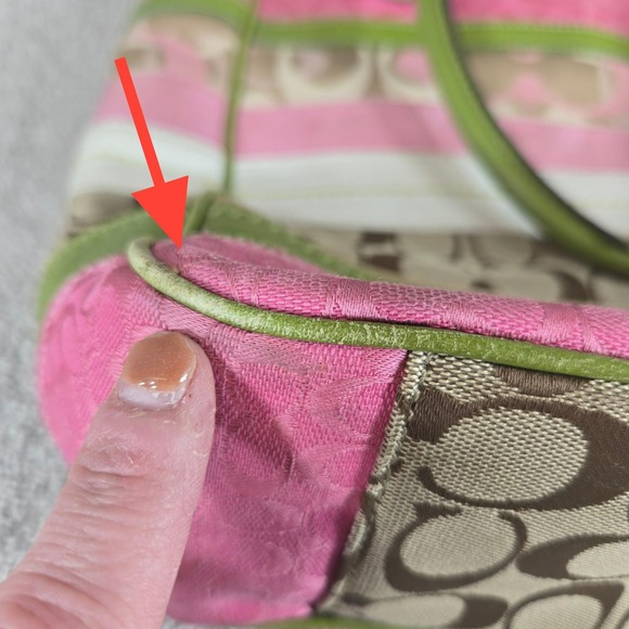 Coach Stripe Signature Monogram Purse Canvas Leather Tote Bag Pink Green - Picture 13 of 16